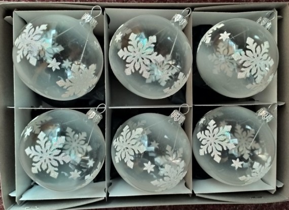 KOULE, SKLENĚNÁ VÁNOČNÍ OZDOBA, ČIRÁ, MOTIV VLOČKY