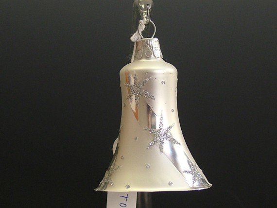 ZVONEK, SKLENĚNÁ VÁNOČNÍ OZDOBA, BÍLÝ, DEKOR HVĚZD