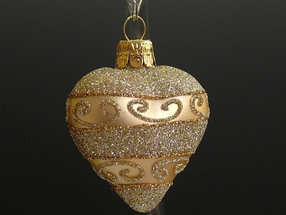 SRDCE, SKLENĚNÁ VÁNOČNÍ OZDOBA, ZLATÉ, RETRO DEKOR