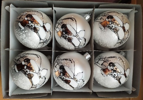 KOULE, SKLENĚNÁ, HLADKÁ, BÍLÁ, MAT, BAREVNÝ DEKOR