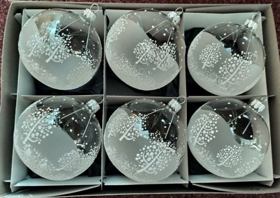 KOULE, SKLENĚNÁ VÁNOČNÍ OZDOBA, ČIRÁ, MOTIV STROMŮ