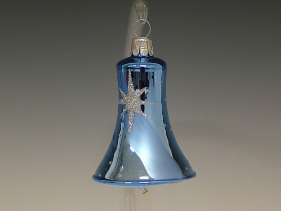 ZVONEK, SKLENĚNÁ VÁNOČNÍ OZDOBA, SV. MODRÝ, DEKOR HVĚZD