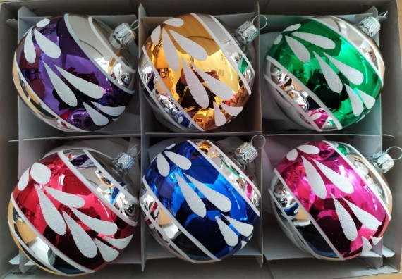 KOULE, skleněná, hladká, stříbrná, lesk, barva ass, malovaný dekor