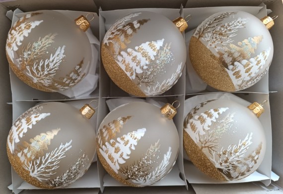 KOULE, skleněná vánoční ozdoba, průhledná, bílá mat, bílozlatý dekor stromů