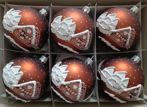 KOULE, SKLENĚNÁ, HLADKÁ, HNĚDÝ MAT, BÍLÝ PLASTICKÝ DEKOR