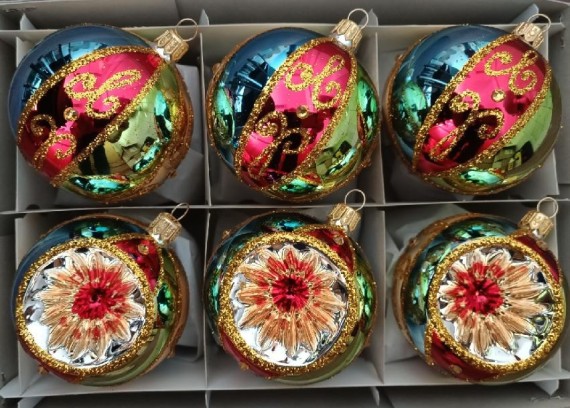 KOULE TLAČENÝ REFLEKTOR, SKLENĚNÁ, STŘÍBŘENÁ, BARVA ASS, LESK, MALOVANÝ DEKOR, ŠATONY