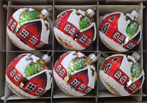 KOULE, SKLENĚNÁ VÁNOČNÍ OZDOBA, ZLATÁ, LESK, PLASTICKÝ ZIMNÍ DEKOR S DOMKY