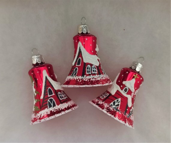 ZVONEK, SKLENĚNÁ VÁNOČNÍ OZDOBA, ČERVENÝ, LESK, ZIMNÍ MOTIV