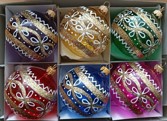 KOULE, SKLENĚNÁ VÁNOČNÍ OZDOBA, PRŮHLEDNÁ, BAREVNÁ, LESK, ZLATÝ RETRO DEKOR