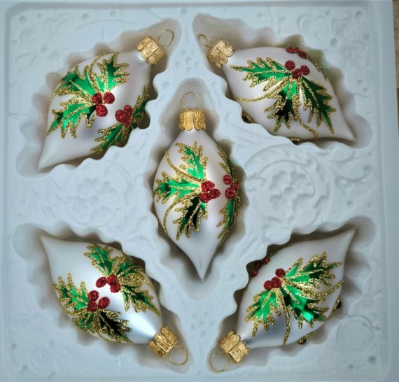 OLIVA, skleněná vánoční ozdoba, bílá, plastický dekor