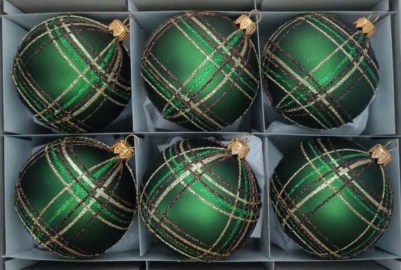 KOULE, skleněná, tm. zelený mat, dekor zelené káro