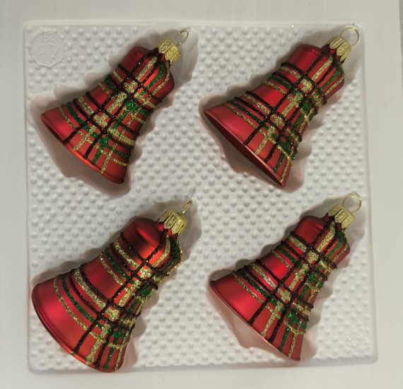 ZVONEK, skleněný, červený mat, dekor káro