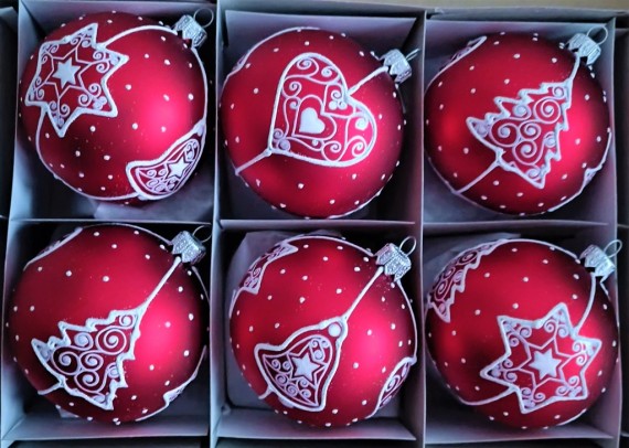 KOULE, skleněná vánoční ozdoba, červená, mat, bílý plast. dekor