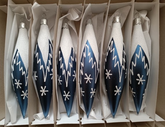 RAKETA, skleněná, tm. modrá, bílý retro dekor