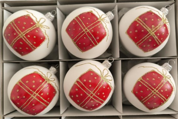 KOULE, skleněná, bílá skořápka, barevný vánoční dekor