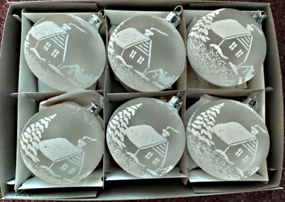 KOULE, SKLENĚNÁ VÁNOČNÍ OZDOBA, PRŮHLEDNÁ, BÍLÁ, DEKOR