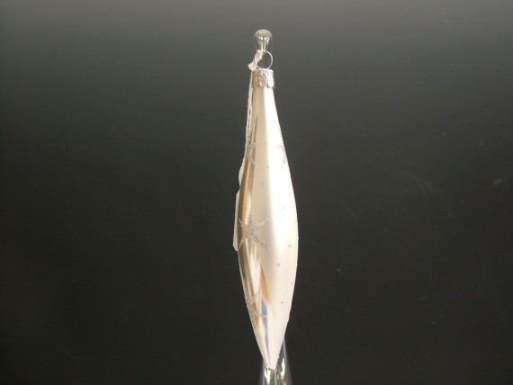 RAKETA, SKLENĚNÁ VÁNOČNÍ OZDOBA, BÍLÁ, STŘÍBRNÝ DEKOR HVĚZD