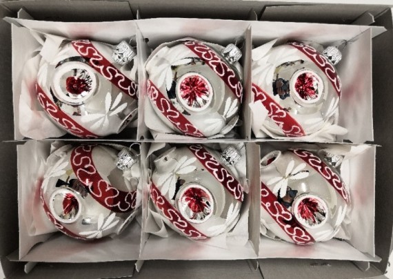 KOULE PÍCHANÁ, SKLENĚNÁ, STŘÍBRNÁ, LESK, ČERVENÝ DEKOR