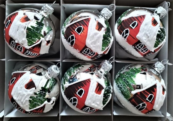 KOULE, SKLENĚNÁ VÁNOČNÍ OZDOBA, STŘÍBRNÁ, LESK, PLASTICKÝ ZIMNÍ DEKOR S DOMKY