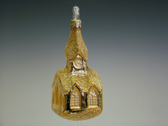 KOSTEL S VĚŽIČKOU, SKLENĚNÁ OZDOBA, FORMA, ZLATÝ , LESK, DEKOR