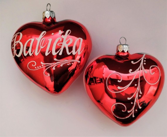 SRDCE VELKÉ ČERVENÉ LESK, SKLENĚNÁ OZDOBA, BÍLÝ DEKOR