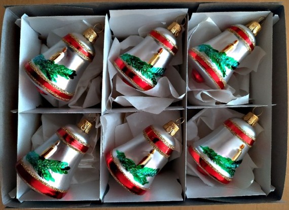 ZVONEK SE SVÍČKOU, SKLENĚNÁ VÁNOČNÍ OZDOBA, BÍLÝ, BAREVNÝ RETRO DEKOR