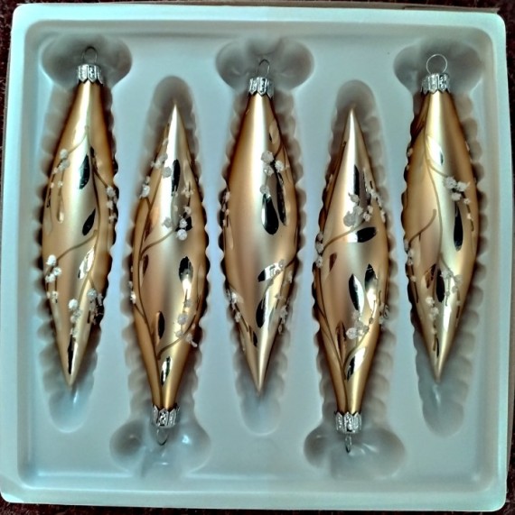 RAKETA, SKLENĚNÁ VÁNOČNÍ OZDOBA, ZLATÁ, VĚTVIČKOVÝ DEKOR