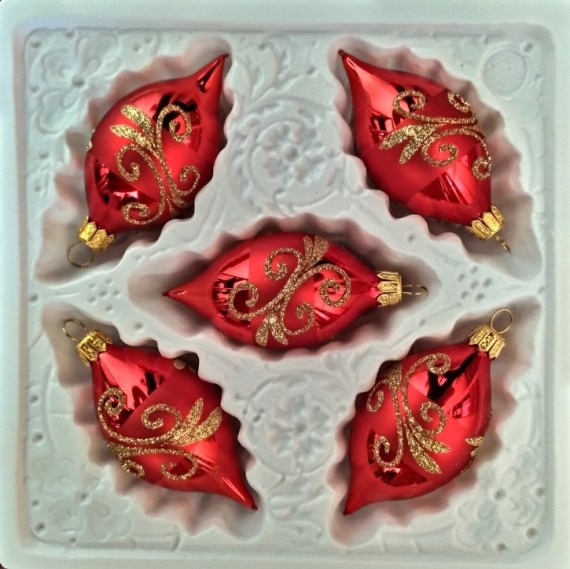 OLIVA, SKLENĚNÁ VÁNOČNÍ OZDOBA, ČERVENÁ, ZLATÝ DEKOR