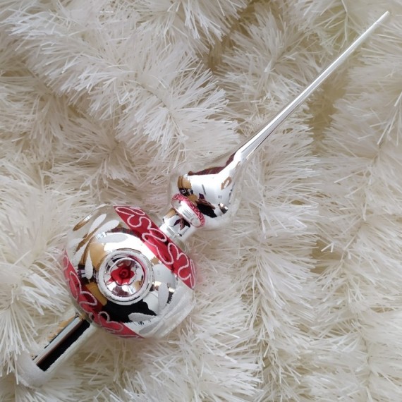 ŠPICE 1-KULOVÁ PÍCHANÁ, STŘÍBRNÁ, BÍLO-ČERVENÝ DEKOR, PÍCHANÁ