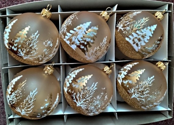 KOULE, skleněná vánoční ozdoba, průhledná, zlatá mat, bílozlatý dekor stromů