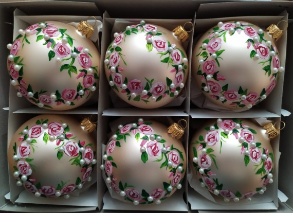 KOULE, hladká, šampaň, mat, malovaný dekor růží s perlami/mugle