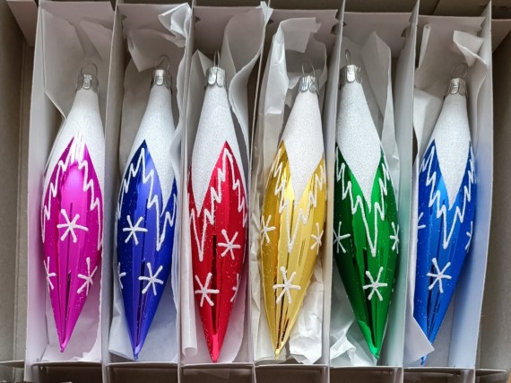 RAKETA, SKLENĚNÁ VÁNOČNÍ OZDOBA, BARVA ASS, RETRO DEKOR