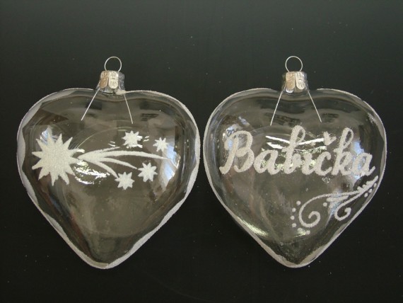 SRDCE VELKÉ, SKLENĚNÁ OZDOBA, ČIRÉ, BÍLÝ DEKOR KOMETA