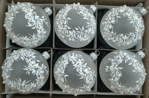 KOULE, skleněná, průhledná, bílá, dekor růží, perly/mugle