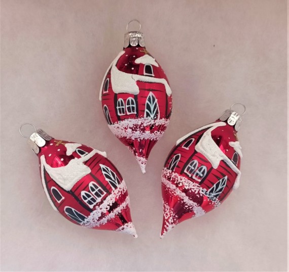 OLIVA, SKLENĚNÁ VÁNOČNÍ OZDOBA, ČERVENÁ, LESK, ZIMNÍ MOTIV