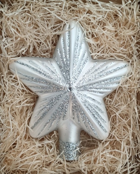 ŠPICE HVĚZDA, SKLENĚNÁ, FORMA, BÍLÁ, MAT, STŘÍBRNÝ DEKOR, ŠATON