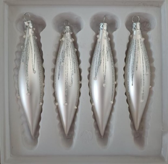 RAKETA, SKLENĚNÁ VÁNOČNÍ OZDOBA, BÍLÁ, PLASTICKÝ DEKOR