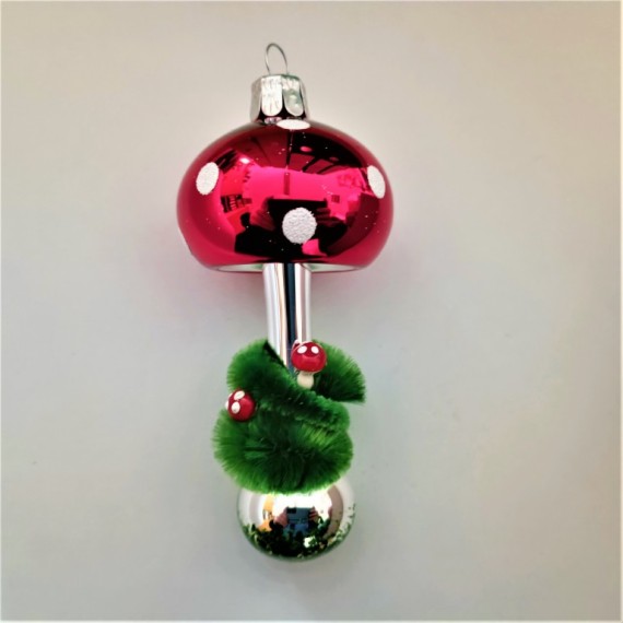 HOUBA MUCHOMŮRKA S KULIČKOU, skleněná, volně foukaný tvar, stříbřená, dekor