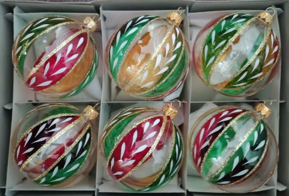 KOULE, skleněná vánoční ozdoba, čirá, barevný dekor