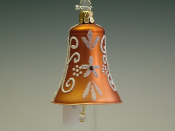 ZVONEK PERNÍK, SKLENĚNÁ VÁNOČNÍ OZDOBA, HNĚDÝ, PLAST. DEKOR