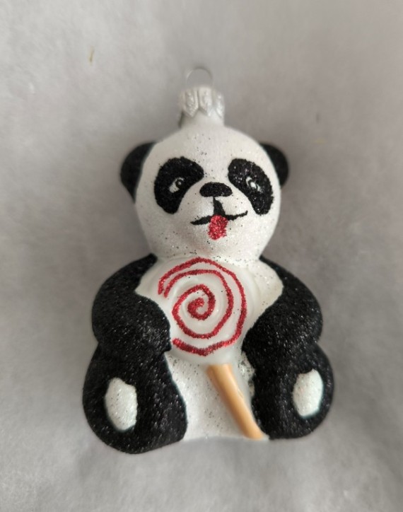 MEDVÍDEK PANDA S LÍZÁTKEM. skleněná, forma, bílá
