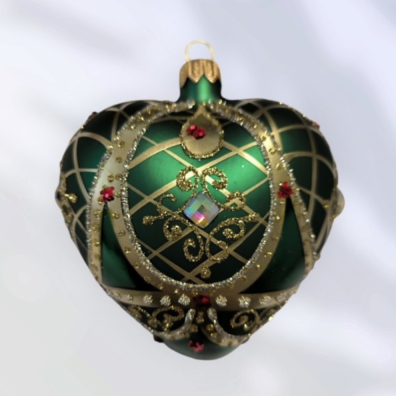 SRDCE VELKÉ, skleněné, forma, tm. zelené, zlatý dekor