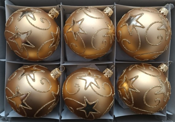 KOULE, SKLENĚNÁ, HLADKÁ, ZLATÁ, MAT, ZLATÝ PLASTICKÝ DEKOR HVĚZD