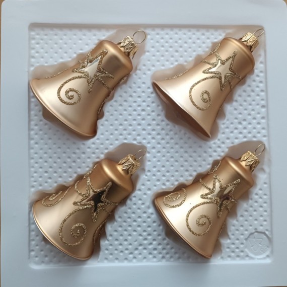 ZVONEK, SKLENĚNÁ VÁNOČNÍ OZDOBA, ZLATÝ, DEKOR HVĚZD