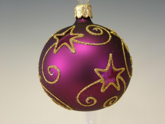 KOULE, SKLENĚNÁ, HLADKÁ, TMAVĚ FIALOVÁ, MAT, PLASTICKÝ ZLATÝ DEKOR