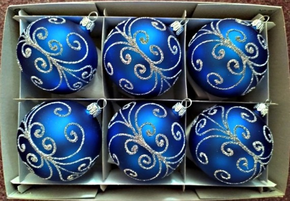 KOULE, SKLENĚNÁ, HLADKÁ, TM. MODRÁ, MAT, STŘÍBRNÝ PLASTICKÝ DEKOR