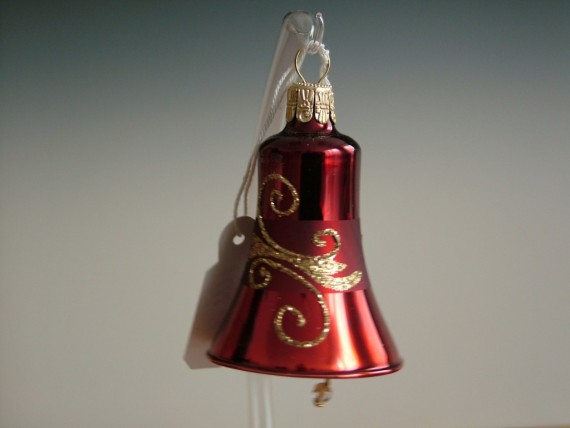 ZVONEK, SKLENĚNÁ VÁNOČNÍ OZDOBA, BORDÓ, ZLATÝ DEKOR