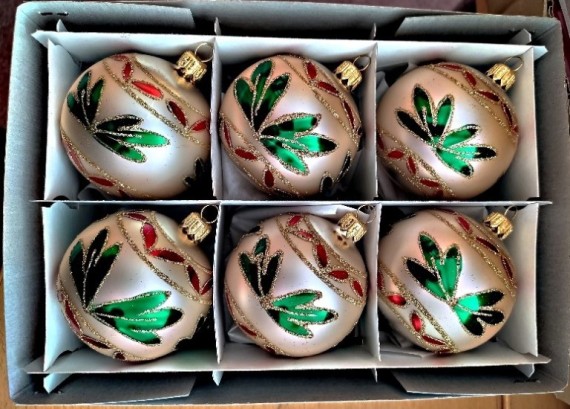 KOULE, SKLENĚNÁ, HLADKÁ, ZLATÁ, MAT, DEKOR ZELENÝCH LISTŮ