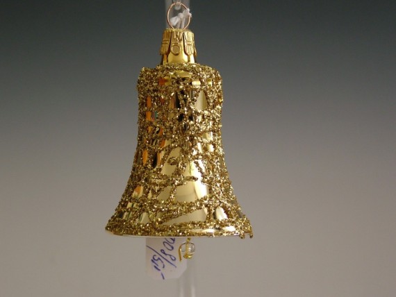 ZVONEK, SKLENĚNÁ VÁNOČNÍ OZDOBA, ZLATÝ, PLAST. DEKOR