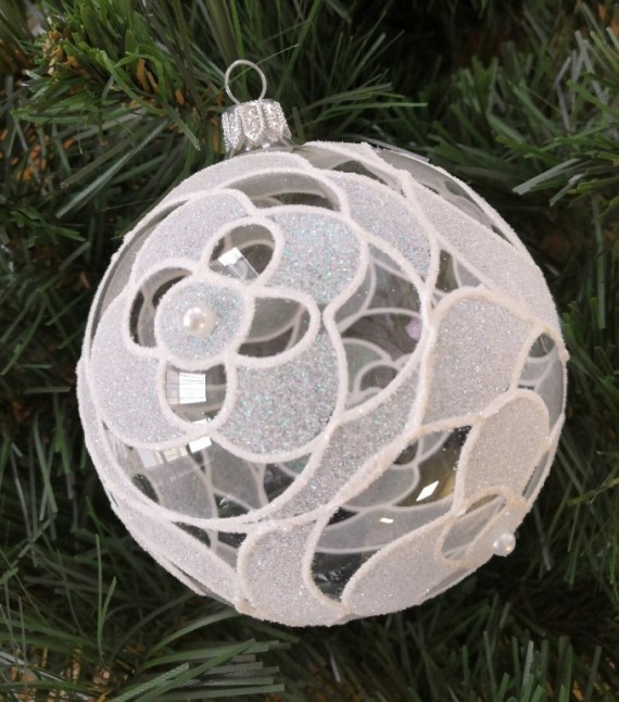 KOULE, SKLENĚNÁ, HLADKÁ, ČIRÁ, CELOPLOŠNÝ BÍLÝ PLASTICKÝ DEKOR S PERLAMI